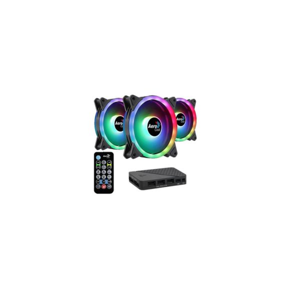 Aerocool Duo 12 Pro házhűtő ventilátor szett, ARGB, 3 db, dupla LED gyűrű, H66F hub, fekete