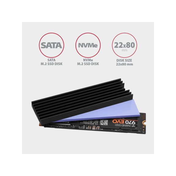 SSD hűtő Axagon M.2 2280 NVMe, M.2 SATA 6mm hűtőborda fekete