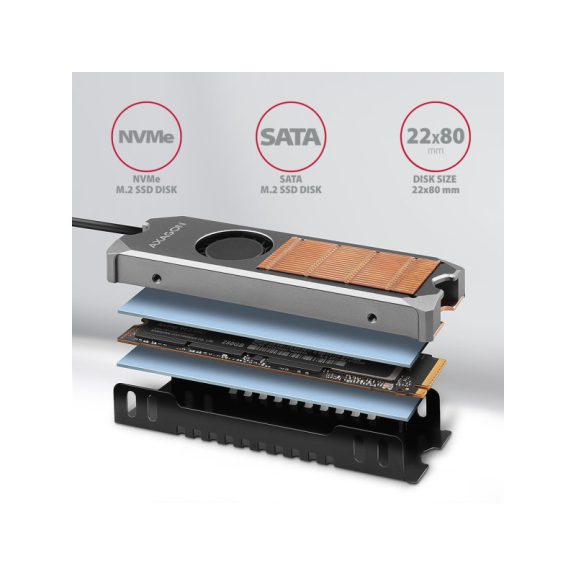 AXAGON CLR-M2FAN aktív hűtő - M.2 SSD, 80mm SSD, réz test, szilikon hővezető padok, magasság:13mm