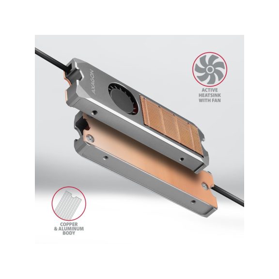 AXAGON CLR-M2FAN aktív hűtő - M.2 SSD, 80mm SSD, réz test, szilikon hővezető padok, magasság:13mm