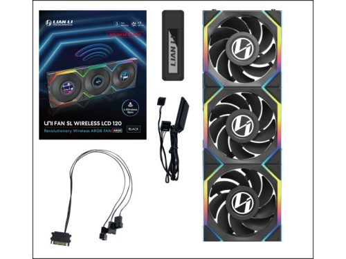 Ventilátor Lian Li UNI FAN SL Wireless LCD ARGB PWM Fordított lapát - 120mm, fekete,3db-os csomag