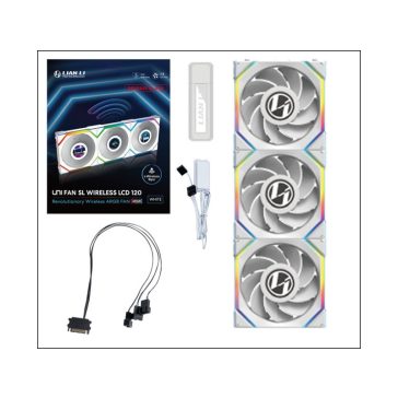   Ventilátor Lian Li UNI FAN SL Wireless LCD ARGB PWM Fordított lapát - 120mm, fehér, 3db-os csomag
