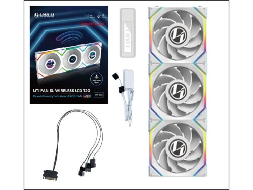 Ventilátor Lian Li UNI FAN SL Wireless LCD ARGB PWM Fordított lapát - 120mm, fehér, 3db-os csomag