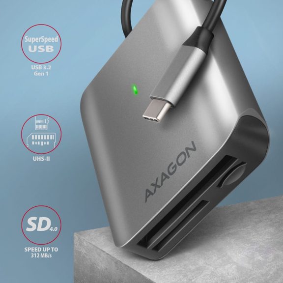 Axagon CRE-S3C SuperSpeed USB-C UHS-II kártyaolvasó, SD/microSD/CF, alumínium