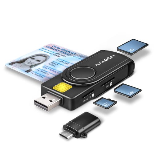 Axagon CRE-SMP2A Smart kártya olvasó, USB-A USB-C, SD microSD SIM, fekete