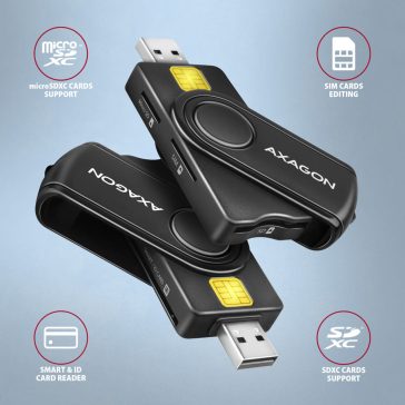   Axagon CRE-SMP2A Smart kártya olvasó, USB-A USB-C, SD microSD SIM, fekete