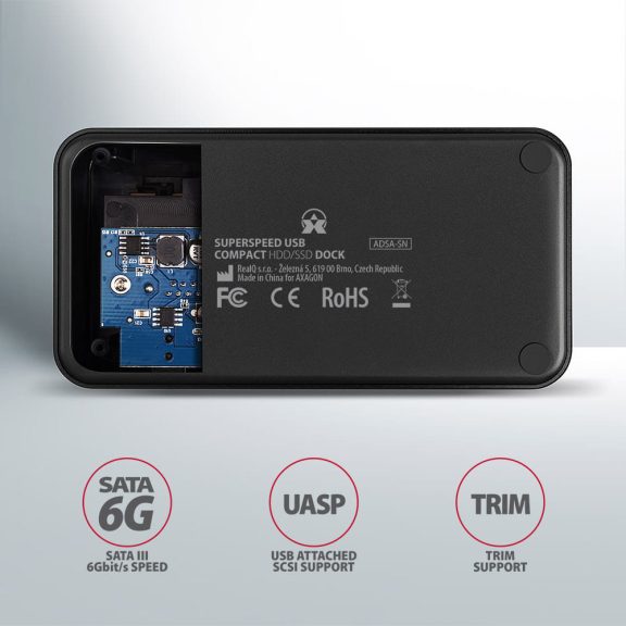 Axagon ADSA-SN SATA HDD/SSD dokkoló, USB 3.2 Gen 1 5Gbps, 2.5" és 3.5" meghajtókhoz, alumínium
