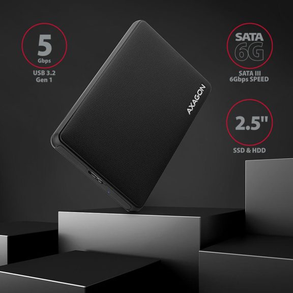 Axagon EE25-SL 2.5" külső SSD HDD ház, USB 3.2 Gen 1, SATA 6Gbps, csavarmentes kivitel, fekete