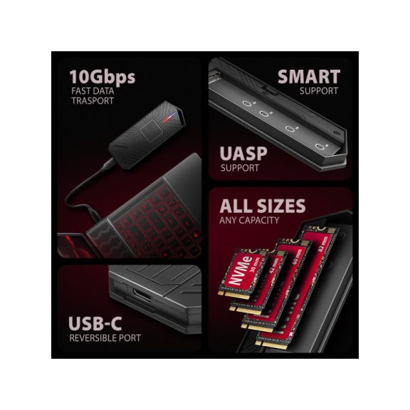 SSD ház AXAGON EEM2-GAM USB-C 10 Gbps M.2 NVMe és SATA SSD Game M.2 Box