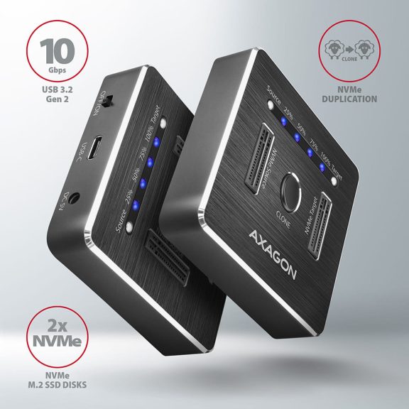 Axagon ADSA-M2C dokkoló, M.2 NVMe SSD, klónozás, USB-C 10Gbps, alumínium