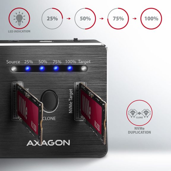 Axagon ADSA-M2C dokkoló, M.2 NVMe SSD, klónozás, USB-C 10Gbps, alumínium
