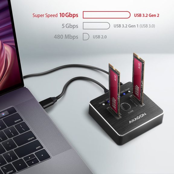 Axagon ADSA-M2C dokkoló, M.2 NVMe SSD, klónozás, USB-C 10Gbps, alumínium