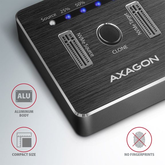 Axagon ADSA-M2C dokkoló, M.2 NVMe SSD, klónozás, USB-C 10Gbps, alumínium