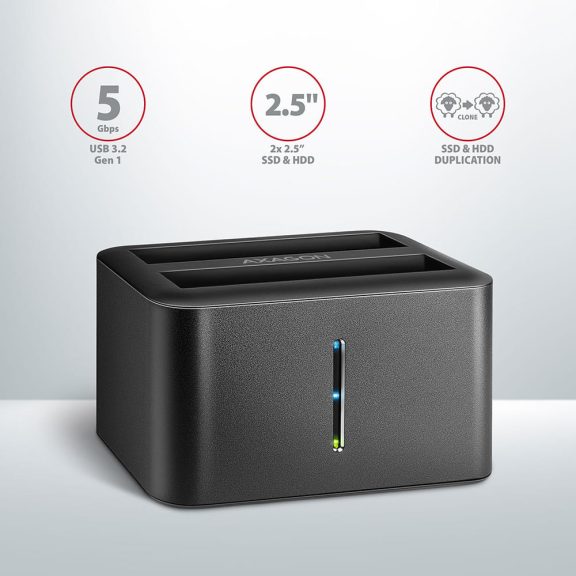 Axagon ADSA-D25 dokkoló, 2.5" SATA SSD HDD, klónozás, USB 3.2 Gen 1, fekete - ADSA-D25
