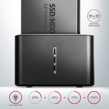   Axagon ADSA-D25 dokkoló, 2.5" SATA SSD HDD, klónozás, USB 3.2 Gen 1, fekete - ADSA-D25