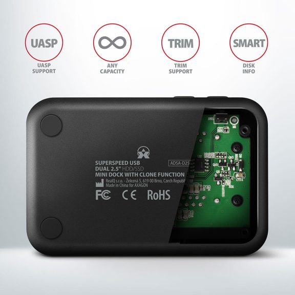 Axagon ADSA-D25 dokkoló, 2.5" SATA SSD HDD, klónozás, USB 3.2 Gen 1, fekete - ADSA-D25