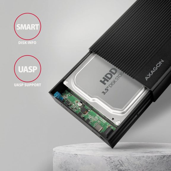 Axagon EE35-GTR USB-C 3.5" HDD külső ház, SATA 6G, tápegységgel, alumínium, fekete