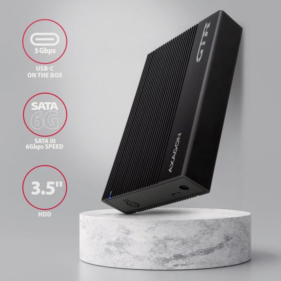 Axagon EE35-GTR USB-C 3.5" HDD külső ház, SATA 6G, tápegységgel, alumínium, fekete