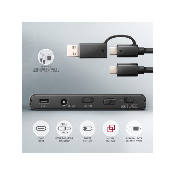 SSD ház AXAGON ADSA-CC USB-C 10Gbps M.2 NVMe + SATA SSD/HDD adapter