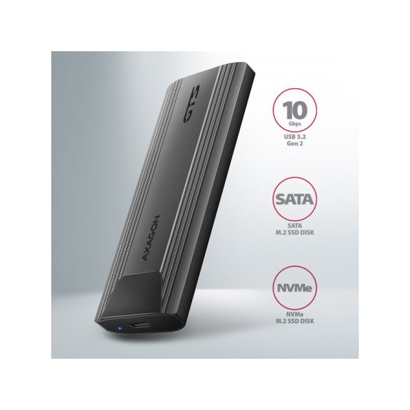 SSD ház AXAGON EEM2-GTS2 USB-C 10Gbps M.2 NVMe és SATA SSD, vékony, csavar nélküli