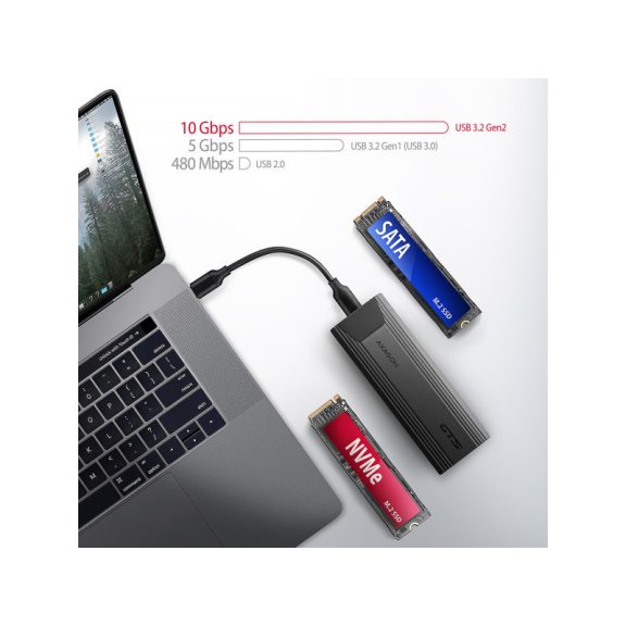 SSD ház AXAGON EEM2-GTS2 USB-C 10Gbps M.2 NVMe és SATA SSD, vékony, csavar nélküli