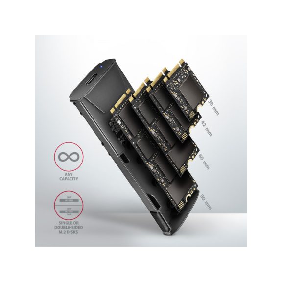 SSD ház AXAGON EEM2-GTS2 USB-C 10Gbps M.2 NVMe és SATA SSD, vékony, csavar nélküli