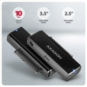   Axagon ADSA-FPX SATA adapter, 2.5" és 3.5" HDD és SSD meghajtókhoz, USB-C 10Gbps, fekete