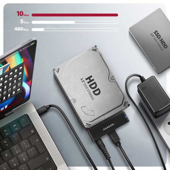 Axagon ADSA-FPX SATA adapter, 2.5" és 3.5" HDD és SSD meghajtókhoz, USB-C 10Gbps, fekete