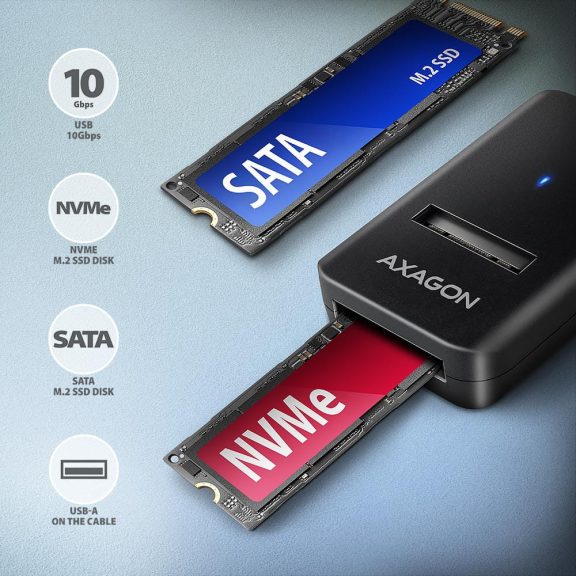 Axagon ADM2-AM USB-A M.2 SSD adapter, 10Gbps, NVMe és SATA kompatibilis