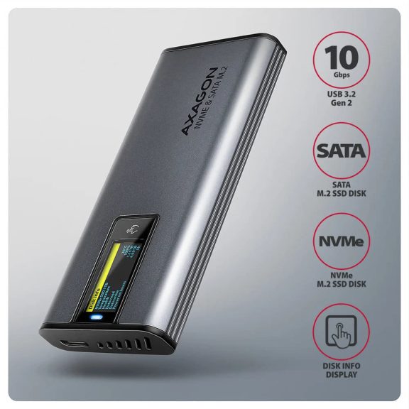Axagon EEM2-SD2 USB-C külső SSD ház M.2 NVMe és SATA meghajtókhoz kijelzővel