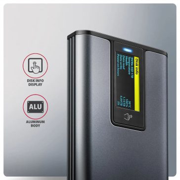 Axagon EEM2-SD2 USB-C külső SSD ház M.2 NVMe és SATA meghajtókhoz kijelzővel