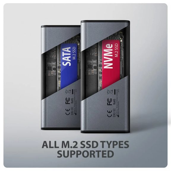 Axagon EEM2-SD2 USB-C külső SSD ház M.2 NVMe és SATA meghajtókhoz kijelzővel