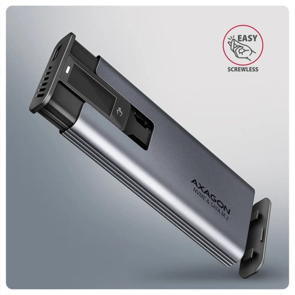 Axagon EEM2-SD2 USB-C külső SSD ház M.2 NVMe és SATA meghajtókhoz kijelzővel