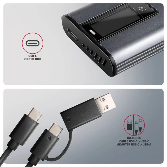 Axagon EEM2-SD2 USB-C külső SSD ház M.2 NVMe és SATA meghajtókhoz kijelzővel