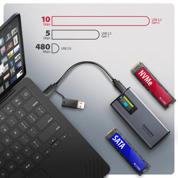 Axagon EEM2-SD2 USB-C külső SSD ház M.2 NVMe és SATA meghajtókhoz kijelzővel