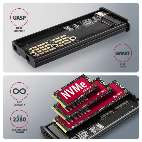 Axagon EEM2-SD2 USB-C külső SSD ház M.2 NVMe és SATA meghajtókhoz kijelzővel