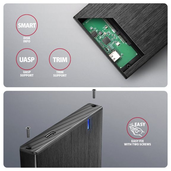 Axagon EE25-XA6C USB-C 2.5" HDD/SSD külső ház, 5Gbps, alumínium, fekete