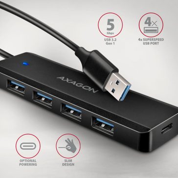   Axagon HUE-C1A USB-A 4 portos hub, 5Gbps, külső táp támogatás, fekete