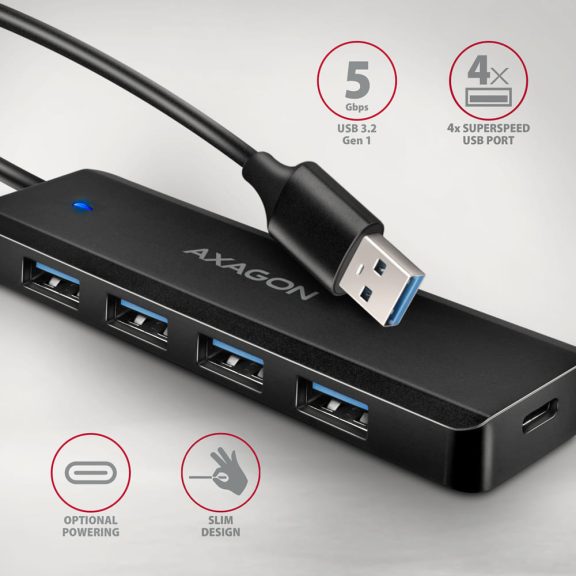 Axagon HUE-C1A USB-A 4 portos hub, 5Gbps, külső táp támogatás, fekete