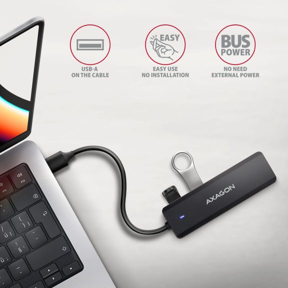 Axagon HUE-C1A USB-A 4 portos hub, 5Gbps, külső táp támogatás, fekete