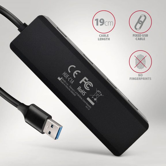 Axagon HUE-C1A USB-A 4 portos hub, 5Gbps, külső táp támogatás, fekete