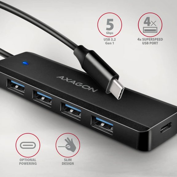 Axagon HUE-C1C USB-C hub, 4x USB-A, 5Gbps, külső táp támogatás, fekete
