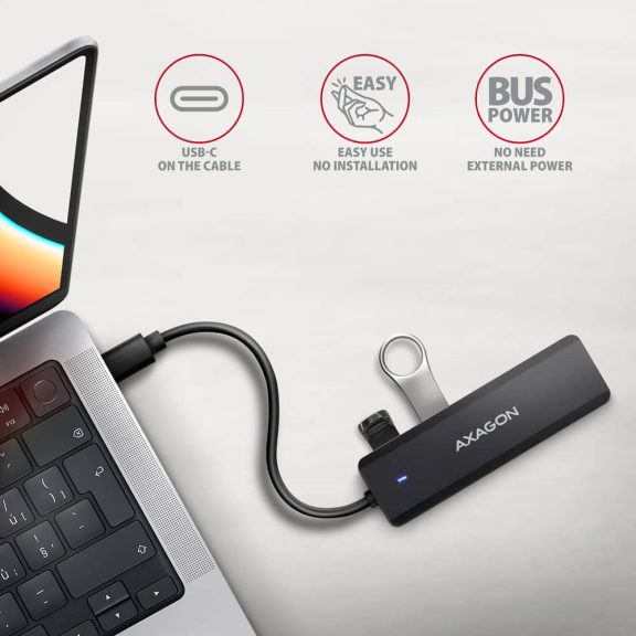 Axagon HUE-C1C USB-C hub, 4x USB-A, 5Gbps, külső táp támogatás, fekete