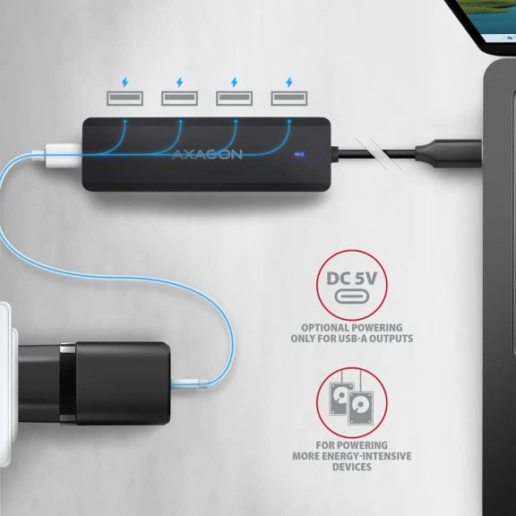 Axagon HUE-C1C USB-C hub, 4x USB-A, 5Gbps, külső táp támogatás, fekete