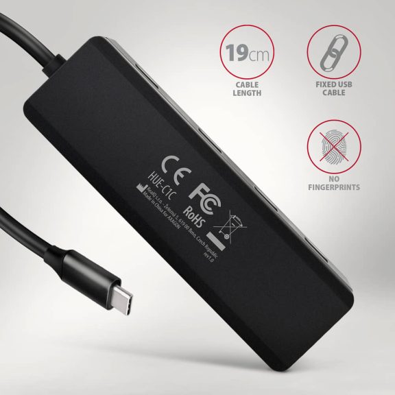Axagon HUE-C1C USB-C hub, 4x USB-A, 5Gbps, külső táp támogatás, fekete