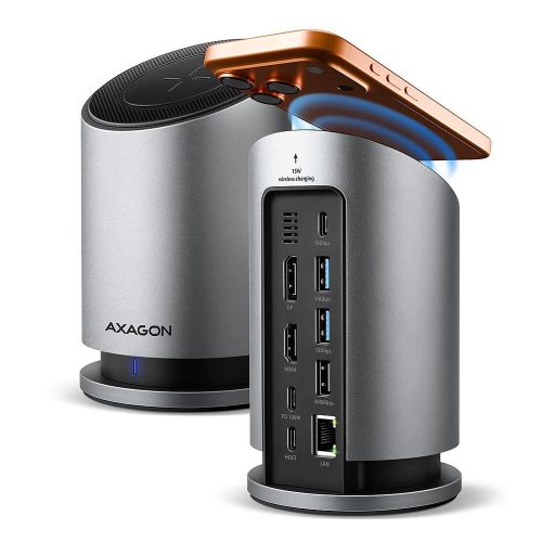 Axagon HMC-WL9 USB-C 9 az 1-ben dokkoló, 4K HDMI DP, 100W PD, vezeték nélküli töltés, szürke