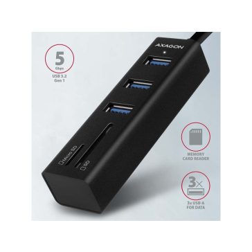   HUB AXAGON HMA-CR3A 3x USB-A + SD/microSD, USB3.2 Gen 1, 20cm USB-A cablem, Fém