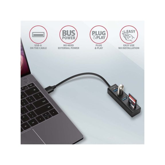 HUB AXAGON HMA-CR3A 3x USB-A + SD/microSD, USB3.2 Gen 1, 20cm USB-A cablem, Fém