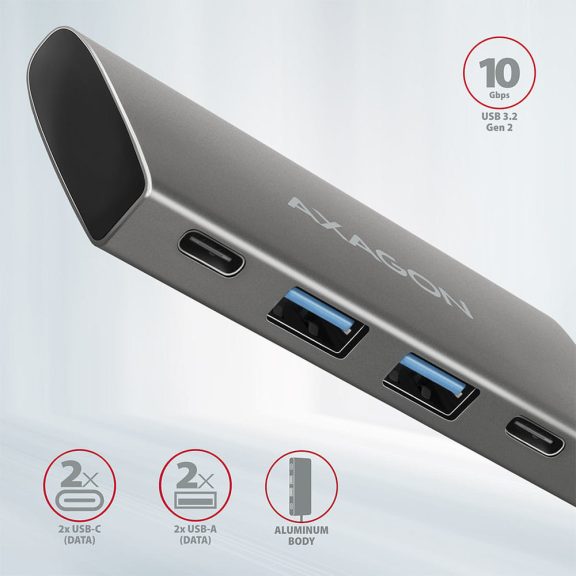 Axagon HMC-4G2 USB-C hub, 4 port, USB 3.2 Gen 2 10Gbps, alumínium