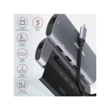   HUB AXAGON HMC-6M2 HUB, USB 3.2 Gen 1, M.2 SATA, SATA 6G, UASP, HDMI